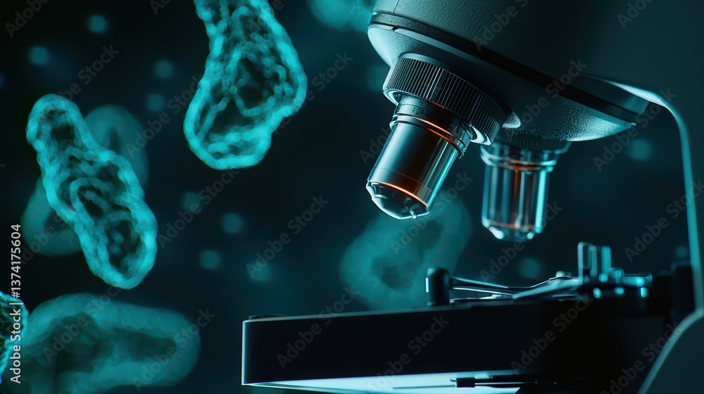 Poster close-up of microscope with microbial structures