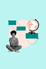 Pop image collage of serious woman sit brainstorming on blue color background with earth speech bubble