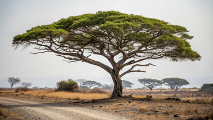 Obraz premium Majestic Tree Overlooking Misty Mountains at Sunrise