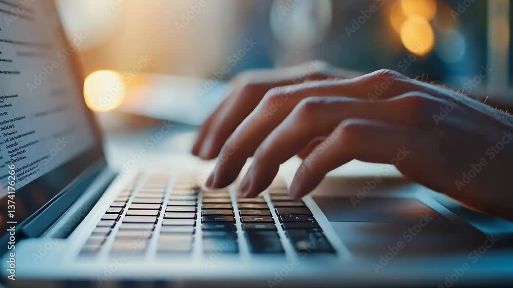 Aufkleber engaging in technology, person types on laptop keyboard, accessing educational resources in warm wor