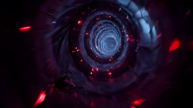 Futuristic metallic tunnel with glowing red lights. Sci-fi spiral structure representing advanced technology, cyberpunk aesthetics, and deep space exploration in a high-tech environment