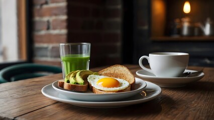 An image of a healthy breakfast including two pieces of toast, one with sliced ​​avocado and one with a fried egg. Next to it is a fresh juice and a cup of hot drink.