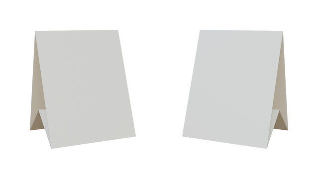 Table tent mock up on isolated background. Table tent card mockup template with copy space for your logo or graphic design. Blank paper tent template. White tent cards.