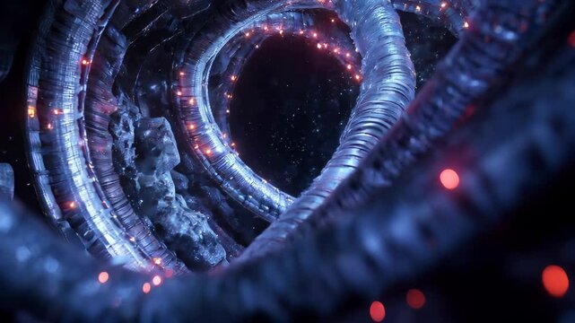 Futuristic metallic tunnel with glowing red lights. Sci-fi spiral structure representing advanced technology, cyberpunk aesthetics, and deep space exploration in a high-tech environment