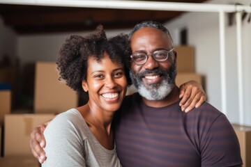 Fototapeta premium Portrait of a smiling middle age African American couple in empty home after moving in
