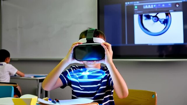 Child using VR headset in futuristic classroom. Education meets technology as a student interacts with augmented reality, enhancing learning through innovation.