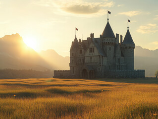 A majestic castle stands majestically amidst the rolling hills of an ancient French countryside, bathed in golden sunlight and adorned with flags fluttering gently on its turrets.
