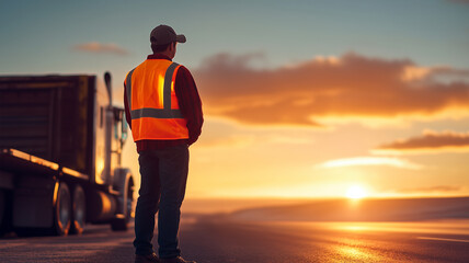 Truck driver in orange high-visibility safety vest watching sunset on highway with semi truck parked nearby, golden light shine on the open road and distant horizon