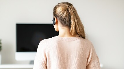 Remote work engagement home office image of woman modern setting back view professional concept