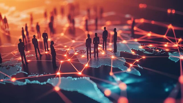 Silhouettes of people on a glowing digital world map. Representing global business, technology, and interconnected societies in a futuristic setting.