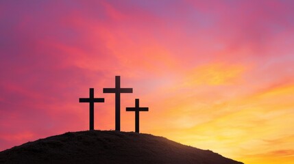 Three crosses standing tall on a hilltop their silhouettes framed against a breathtaking sunset sky filled with warm hues of orange pink and red