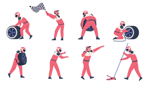Pit stop team. Racing engineers, formula one sport car mechanic crew race driver technician maintenance characters motor pilot speed road lane racer, set classy vector illustration