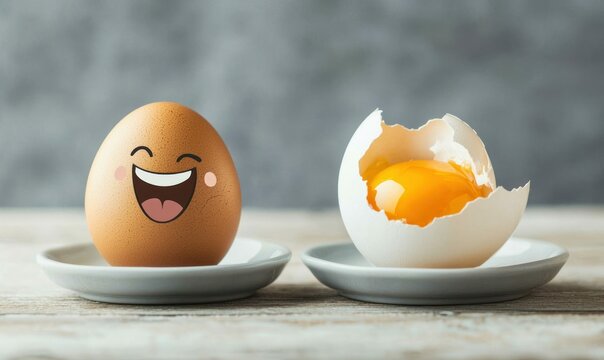 A smiling egg character stands beside its cracked counterpart in a playful food still life.
