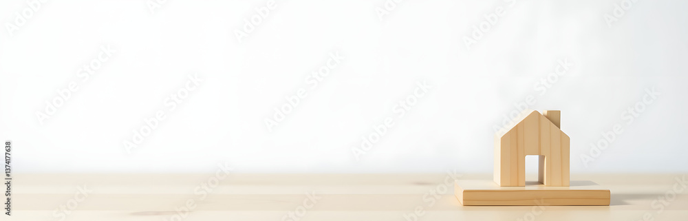 Poster a small wooden tabletop features a miniature house against a plain white background with plenty of r