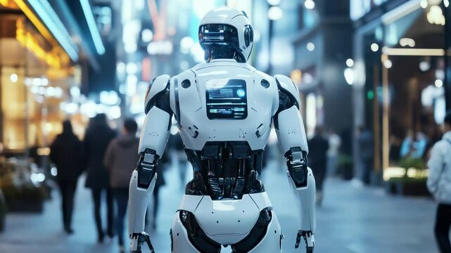 Humanoid robot walking through a futuristic city, symbolizing AI and automation.