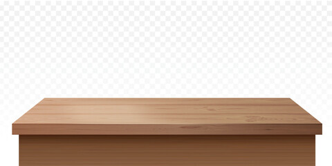 Realistic wooden table. Wood base surface, kitchen desk or office counter rustic tabletop natural board platform foreground brown flooring plank texture, exact vector illustration