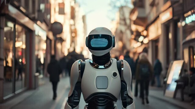 Advanced AI robot in a busy urban environment, depicting human-machine interaction.