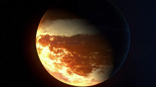 Half-lit planet glowing with fiery clouds in the darkness of space

