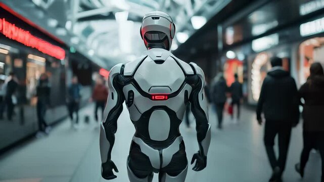 Humanoid robot walking through a futuristic city, symbolizing AI and automation.