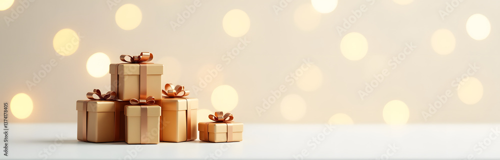 Poster A Stack Of Tiny Presents Sits Atop A Softly Glowing Golden Backdrop With Blurred Light Effects In A Horizontal Composi