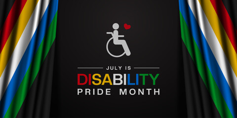 Disability Pride Month. Flag disability, people and heart. Great for posters, banners, social media and more. Black background.