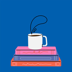 Stack of books and a сup of coffee. Cozy minimalist illustration