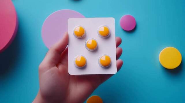 Hand holding a pack of round yellow pills or vitamins against a bold backdrop. Symbolizing prescription medication, pharmaceutical advancements, and modern drug design.