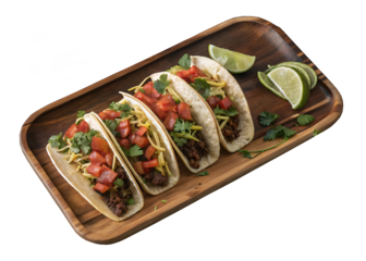 A wooden platter holding five tacos in a neat row. 