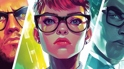 A photo featuring the faces of three people wearing glasses, divided by strips. In the center, there's a girl, with two guys on the sides. The style resembles a comic book illustration.
