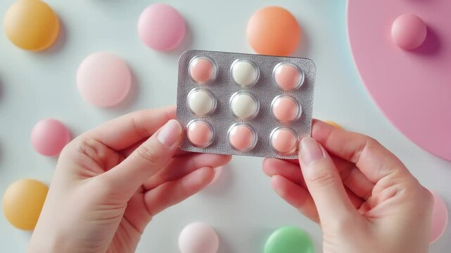 Woman holding a blister pack of pastel-colored pills. Symbolizing healthcare, pharmaceutical advancements, and the science behind modern medication.