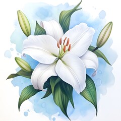 Fototapeta premium Elegant White Lily Flower Blossom Watercolor Painting Botanical Illustration