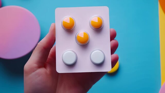 Hand holding a pack of round yellow pills or vitamins against a bold backdrop. Symbolizing prescription medication, pharmaceutical advancements, and modern drug design.