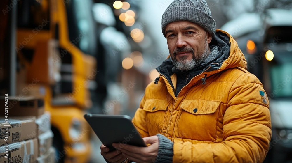 Poster a logistics expert stands outside a distribution hub, wearing a warm jacket, using a tablet to manag