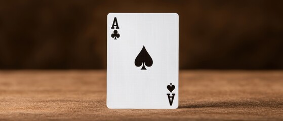 Close-up of a playing card, specifically the ace of spades. the card is white with a black spade symbol in the center. the spade is facing towards the left side of the card.