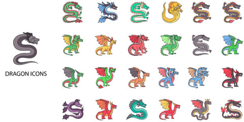 Dragon simple concept 24 hand drawn color icons set. Contains such dinosaur, drawing, vignetting, zodiac .Vector illustration.
