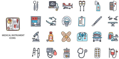 Medical instrument simple concept 24 hand drawn color icons set. Contains such healthcare and medicine, medical supplies .Vector illustration.
