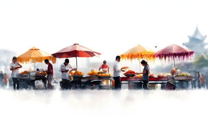 Asian Street Market Vendors Selling Food and Flowers Under Colorful Umbrellas