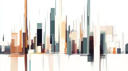 Obraz premium An abstract and minimalist illustration of a futuristic cityscape, Vector style, simple shapes, White background, clean composition, flat color blocks, no shadows, no gradients 