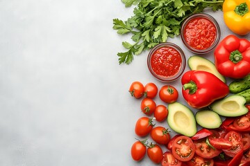 Vibrant flatlay of tomatoes bell peppers basil garlic and oil on gray surface arranged in radial layout for culinary wellness food concept and healthy vegetable design photography