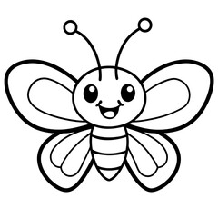Fototapeta premium Cute Kawaii Cartoon Butterfly – Simple Black and White Line Drawing with Smiley Face and Big Wings on Pastel Background.