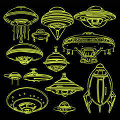 A set of hand-drawn UFO sketches. Ufology. Conspiracy theory. Mysticism. Flying objects. Aliens.