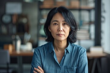 Portrait of a middle aged Asian female worker in start up company office