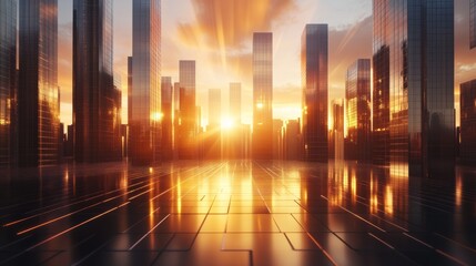 Futuristic cityscape with skyscrapers and rays of sunlight, on a black grid background