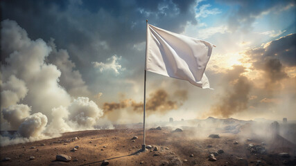 White flag waving on battlefield with smoke in background