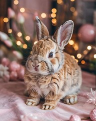 Adorable Baby Bunny Sitting on Soft Pastel Pink Fluffy Surface with Dreamy Blurred Bokeh Background in Warm Tones Perfect for Easter Celebrations Spring-Themed Designs Cute Animal Stock Photography