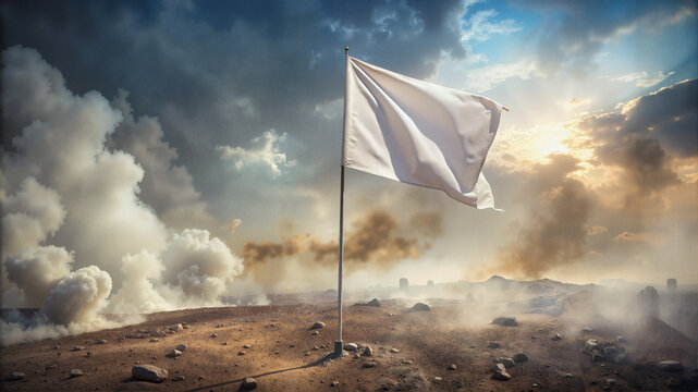 White flag waving on battlefield with smoke in background