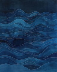 Dark blue wavy abstract art with thin light lines.