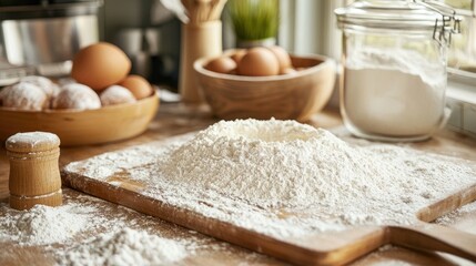 Fototapeta premium Flour-dusted kitchen counter with cake prep. 