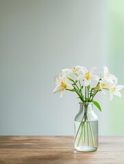 Glass vase with a bunch of white lilies in it. the vase is placed on a wooden table with a light green background.