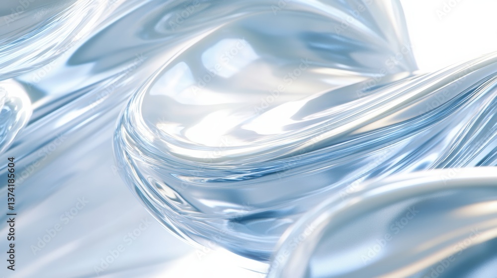 Poster a fluid, translucent wave of shimmering blue and white tones, creating an ethereal, abstract visual 